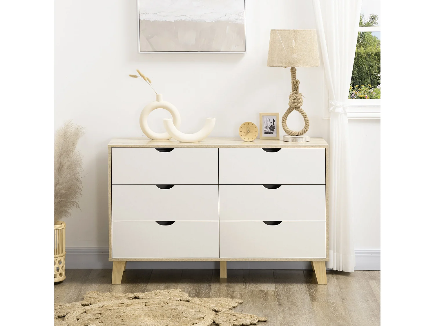 Valu Natural Wood and White 6 Drawer Wide Chest with Wooden Legs