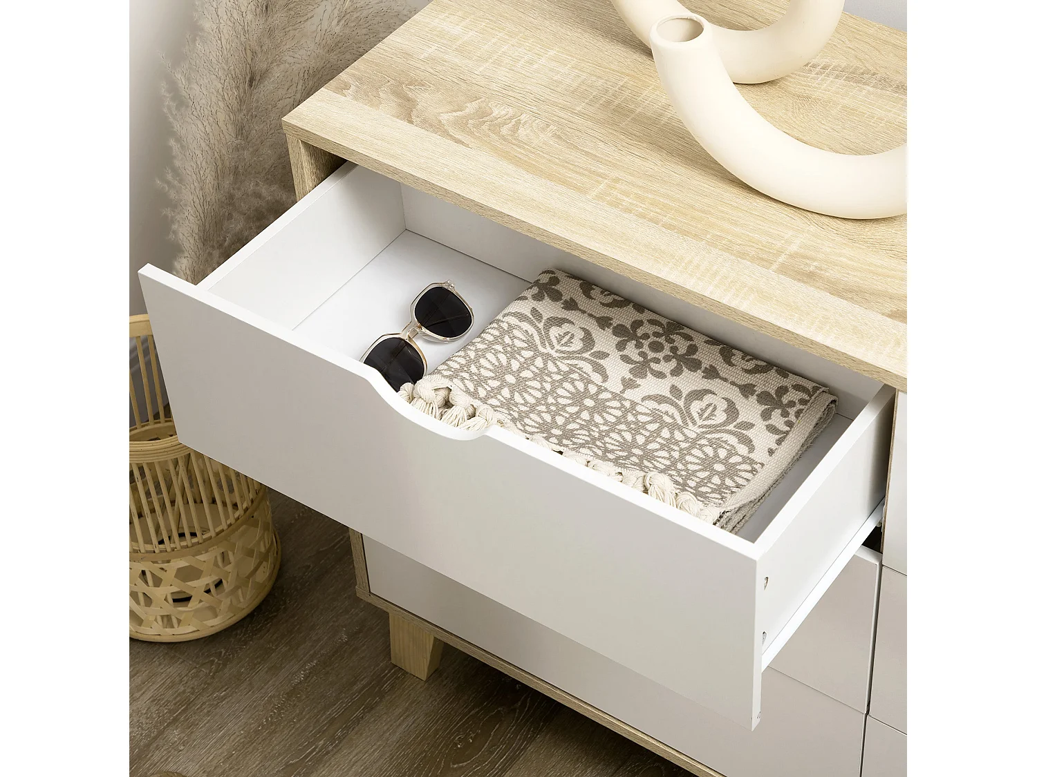Valu Natural Wood and White 6 Drawer Wide Chest with Wooden Legs