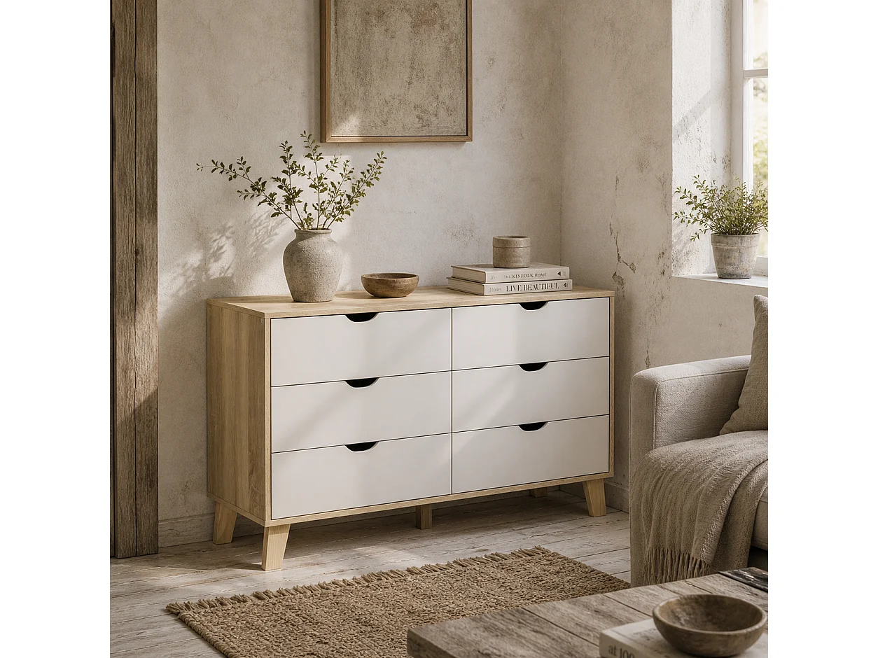 Valu Natural Wood and White 6 Drawer Wide Chest with Wooden Legs