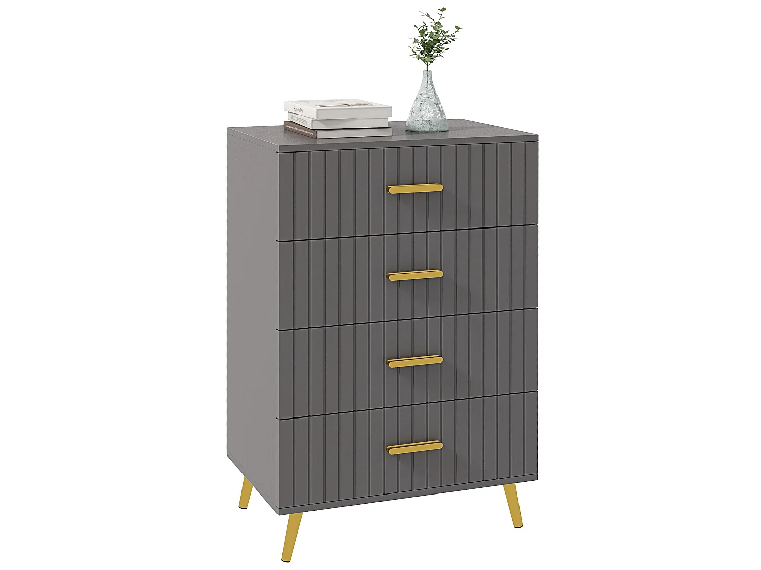 Zine 4 Drawer Embossed Dresser Dark Grey with Gold Tone Handles