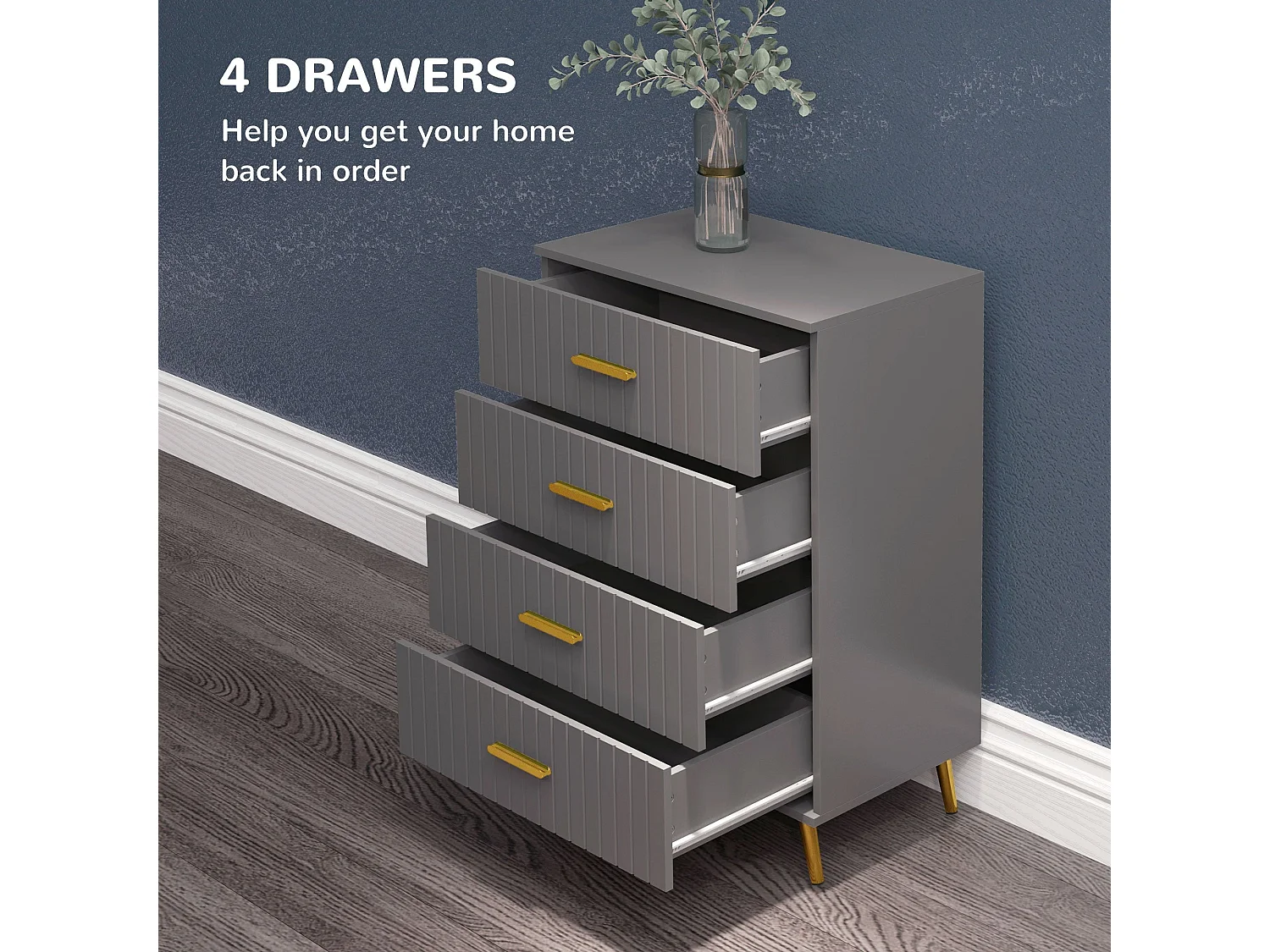 Zine 4 Drawer Embossed Dresser Dark Grey with Gold Tone Handles