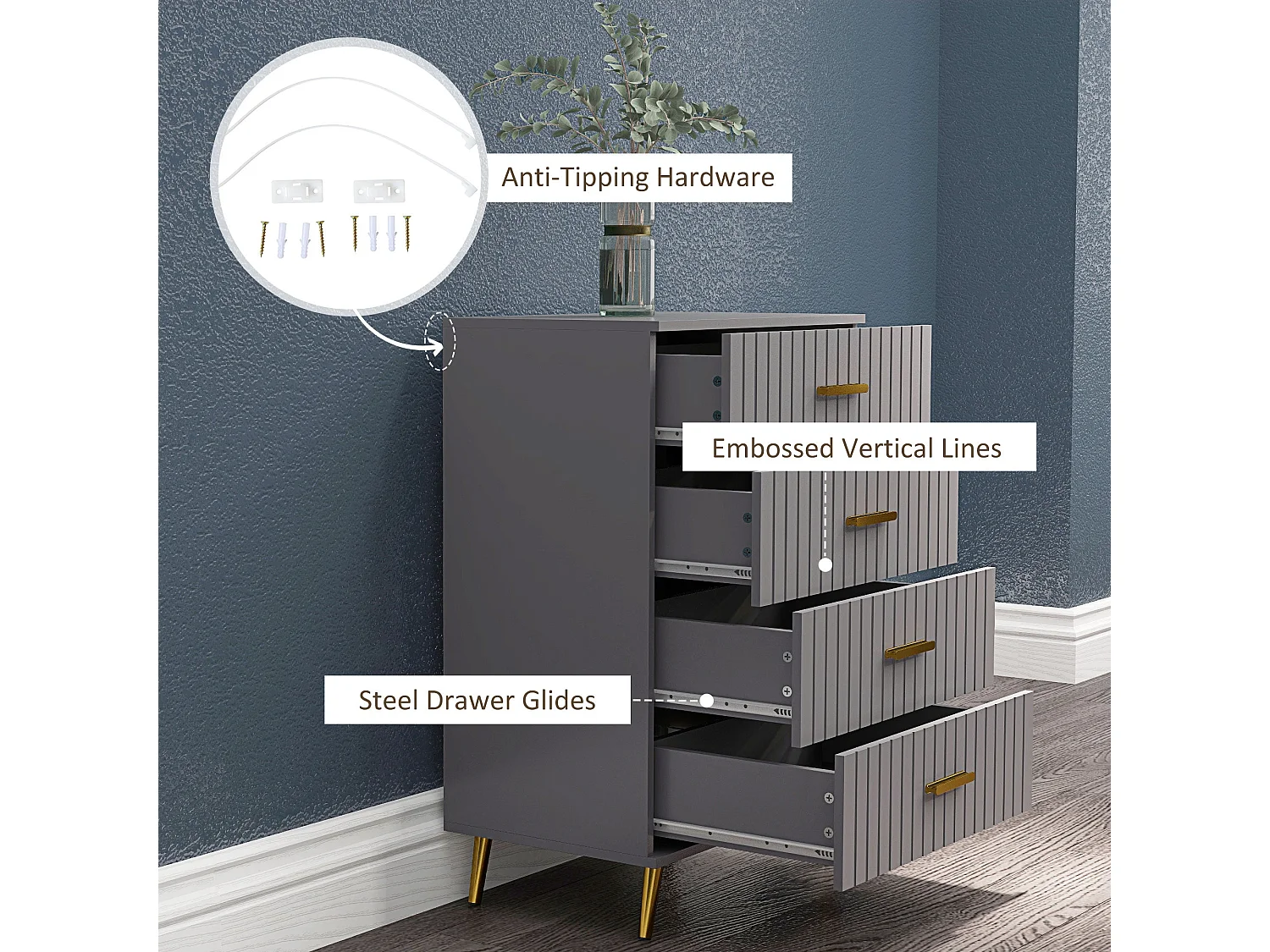 Zine 4 Drawer Embossed Dresser Dark Grey with Gold Tone Handles
