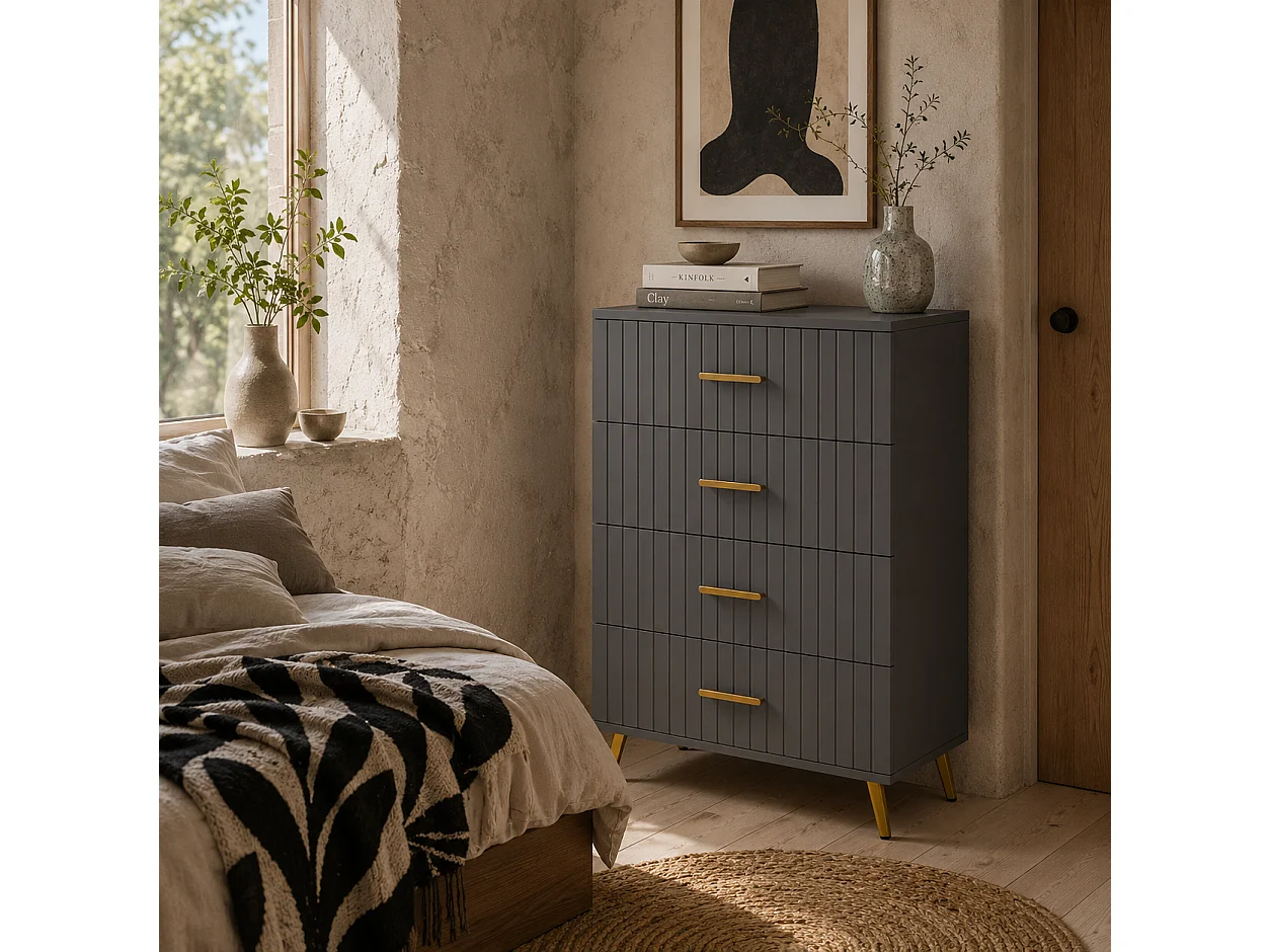 Zine 4 Drawer Embossed Dresser Dark Grey with Gold Tone Handles