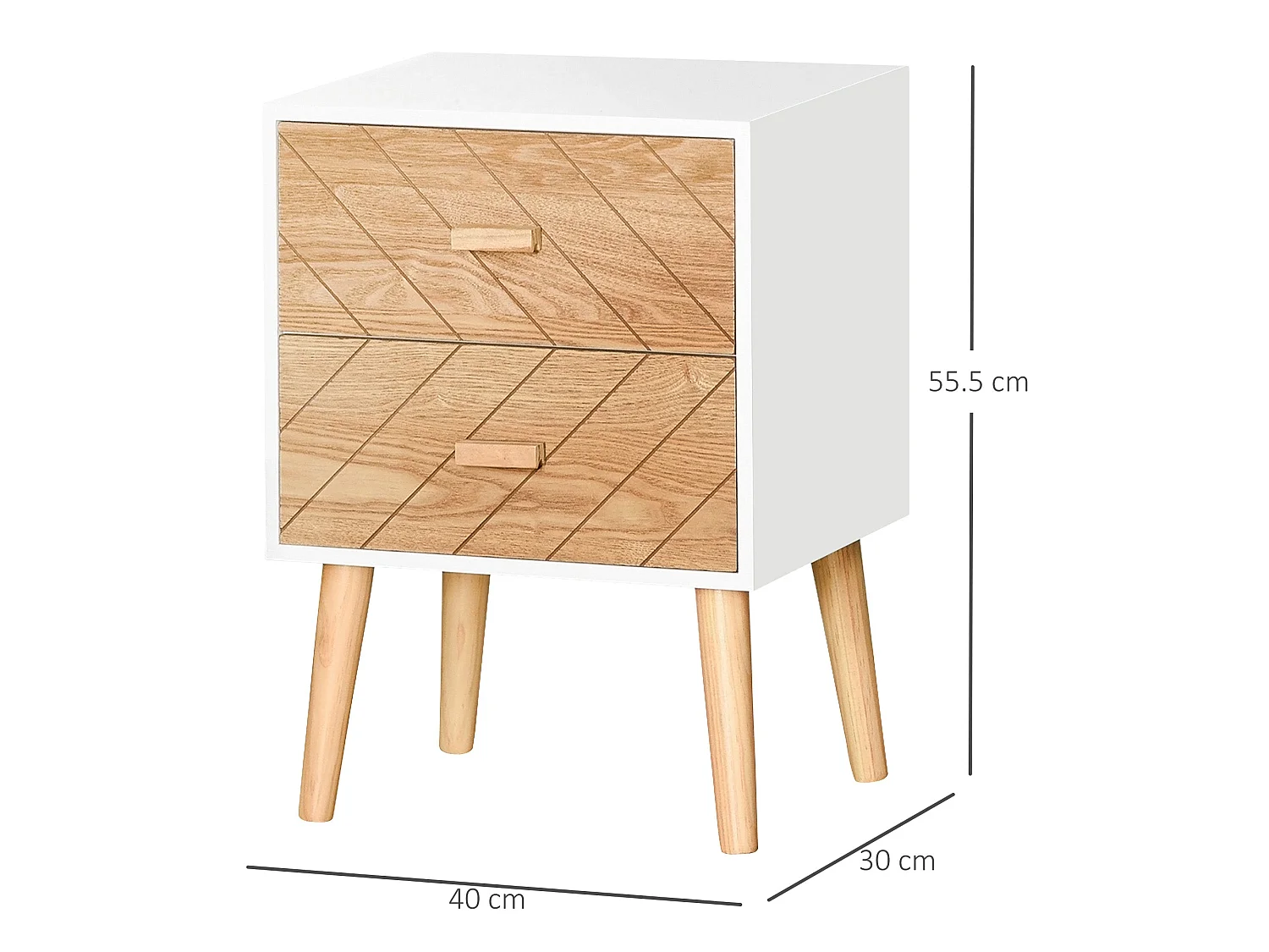 Hafane Set of 2 White and Natural Bedside Tables 2 Chevron Drawers