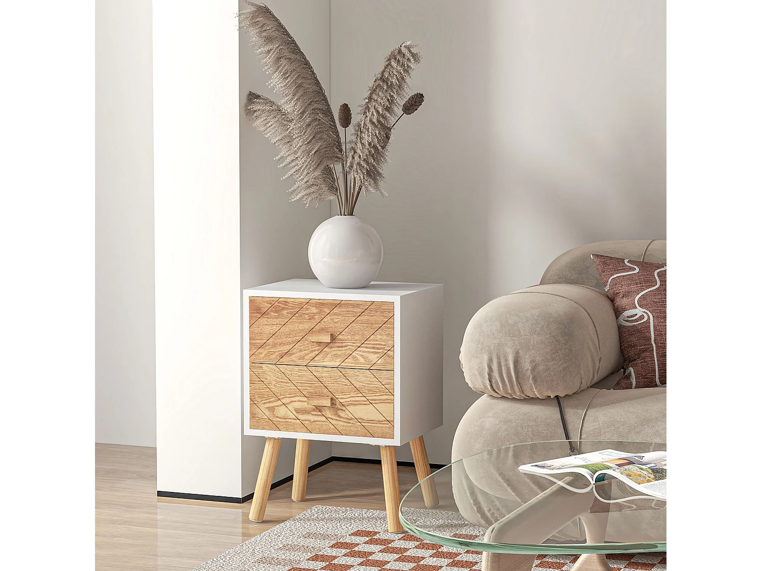 Hafane Set of 2 White and Natural Bedside Tables 2 Chevron Drawers