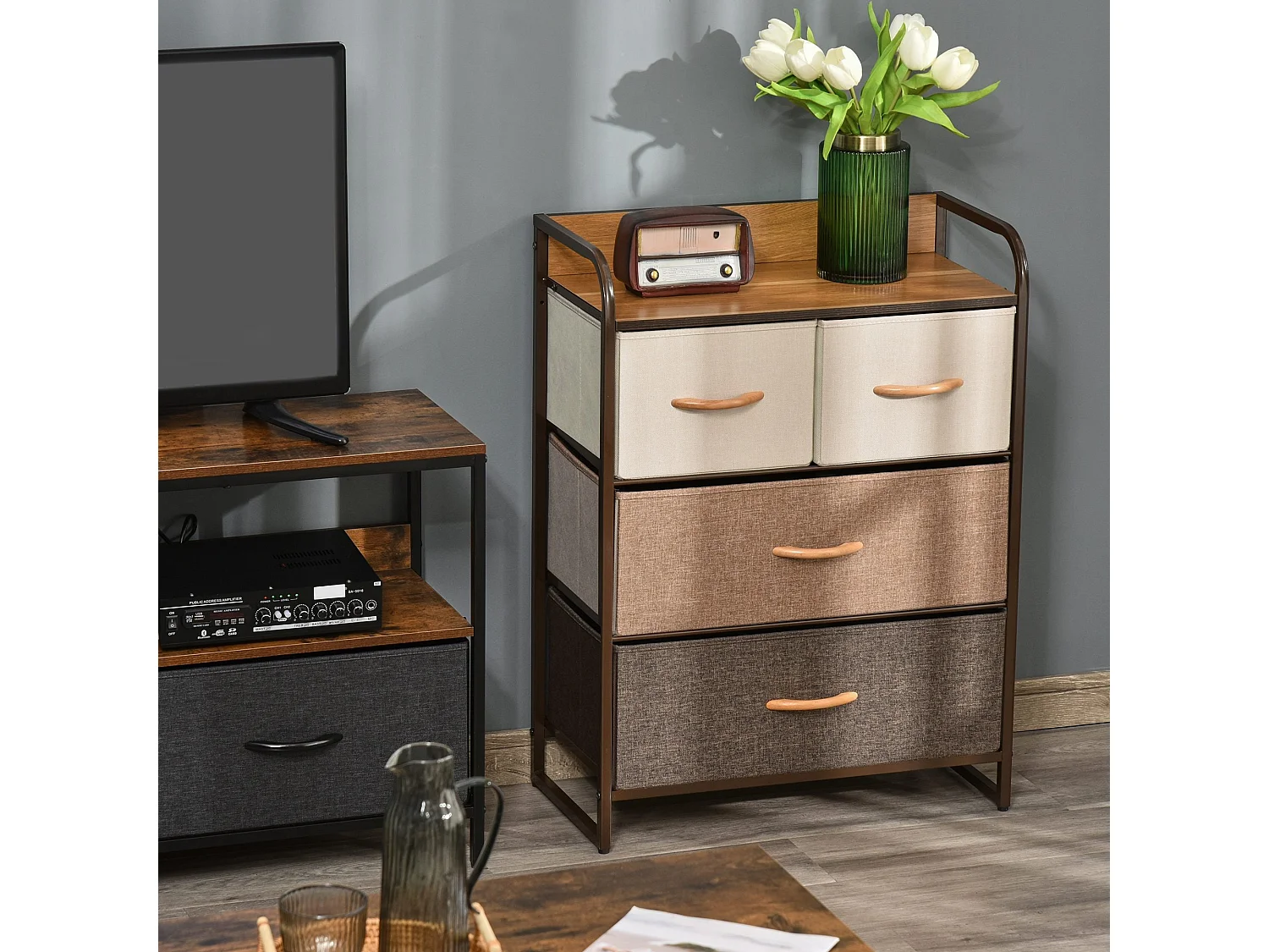 Matilda 4 Drawer Fabric Storage Tower with Wood Effect Top and Black Steel Frame