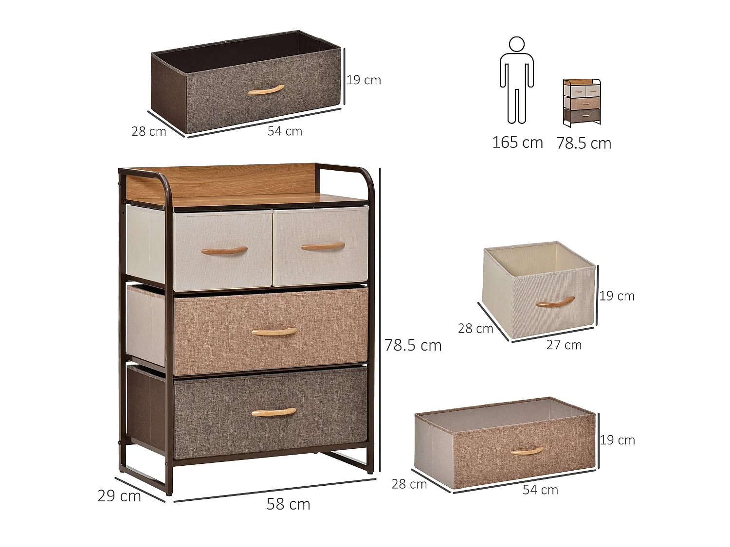 Matilda 4 Drawer Fabric Storage Tower with Wood Effect Top and Black Steel Frame