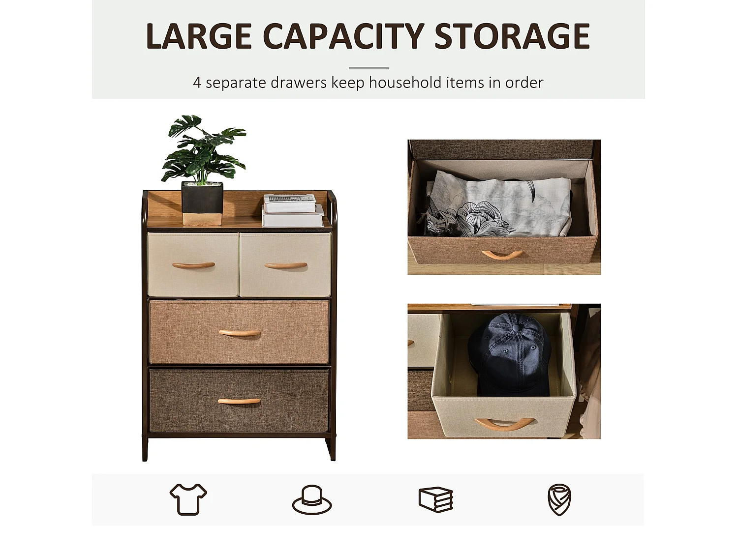Matilda 4 Drawer Fabric Storage Tower with Wood Effect Top and Black Steel Frame
