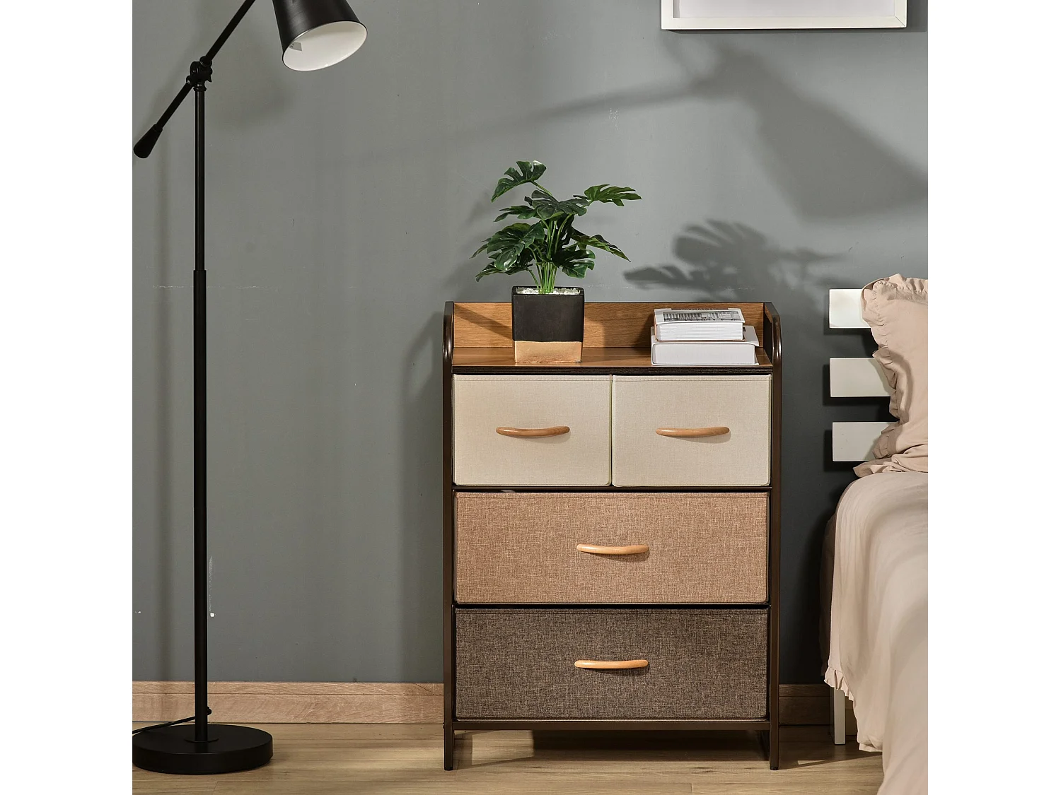 Matilda 4 Drawer Fabric Storage Tower with Wood Effect Top and Black Steel Frame