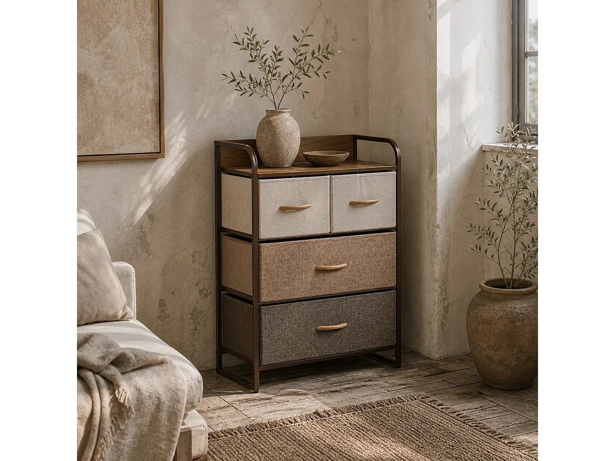 Matilda 4 Drawer Fabric Storage Tower with Wood Effect Top and Black Steel Frame