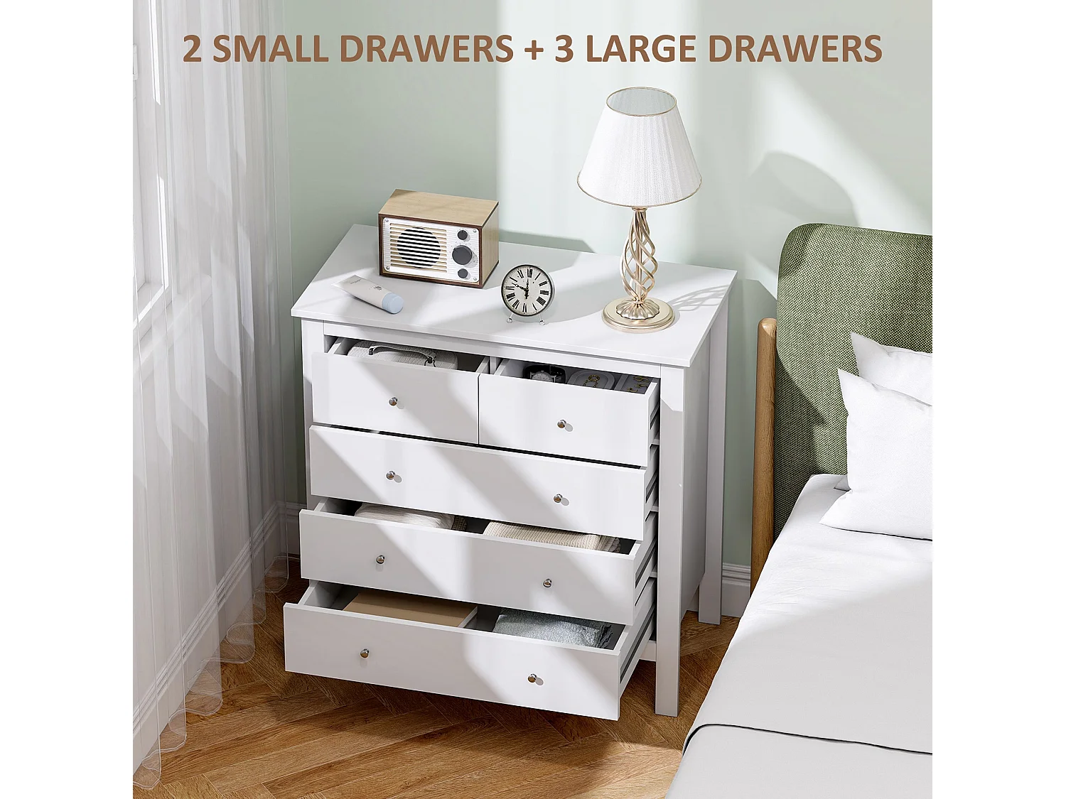 Kesumo White 5 Drawer Wide Chest for Bedroom Storage