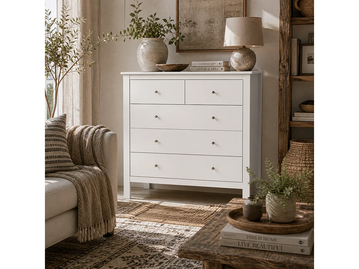 Kesumo White 5 Drawer Wide Chest for Bedroom Storage