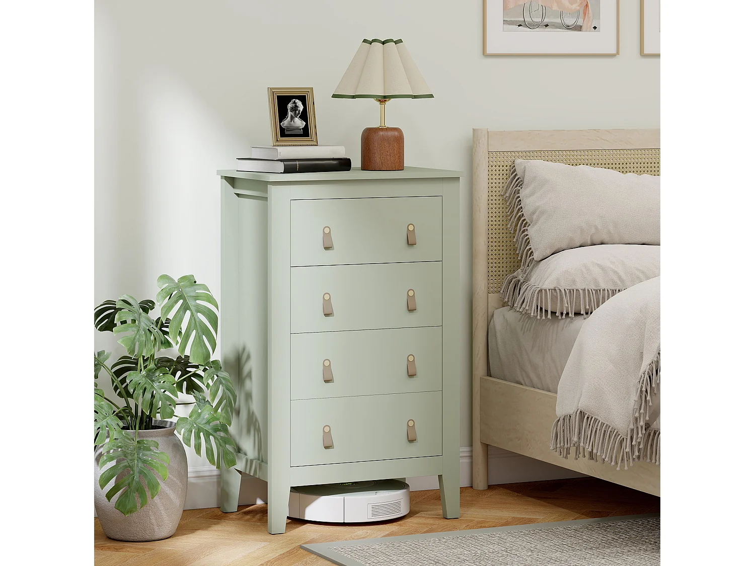 Viri Green 4 Drawer Modern Chest with Faux Leather Handles 60 x 40 x 98cm