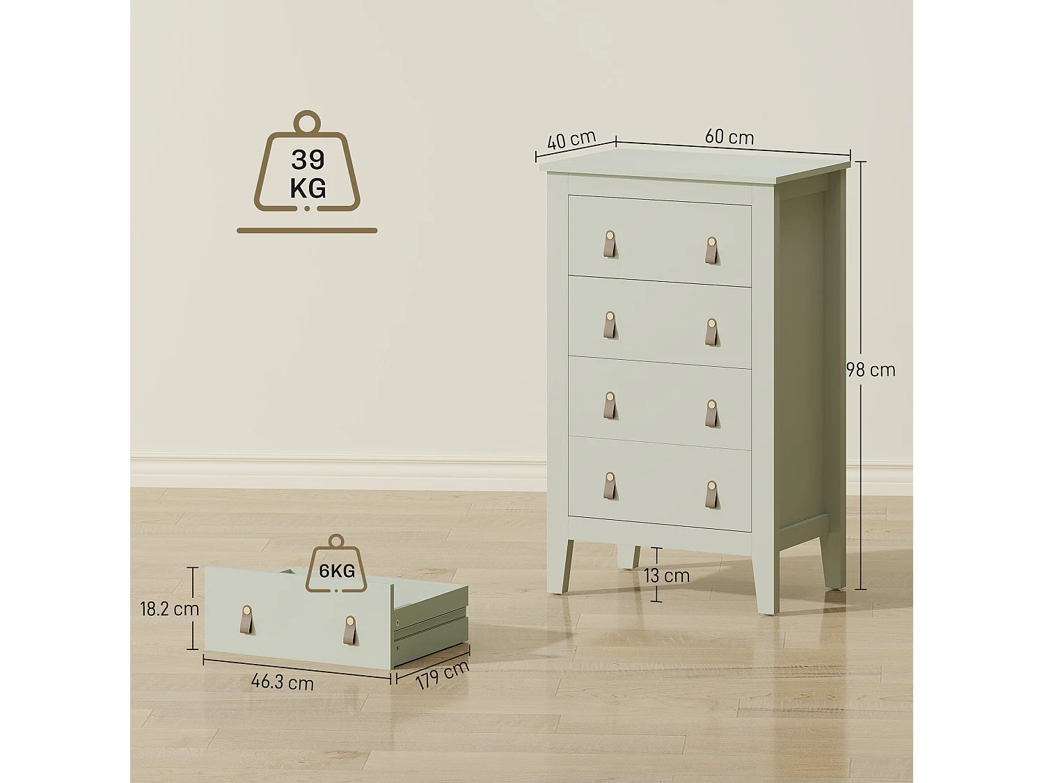 Viri Green 4 Drawer Modern Chest with Faux Leather Handles 60 x 40 x 98cm