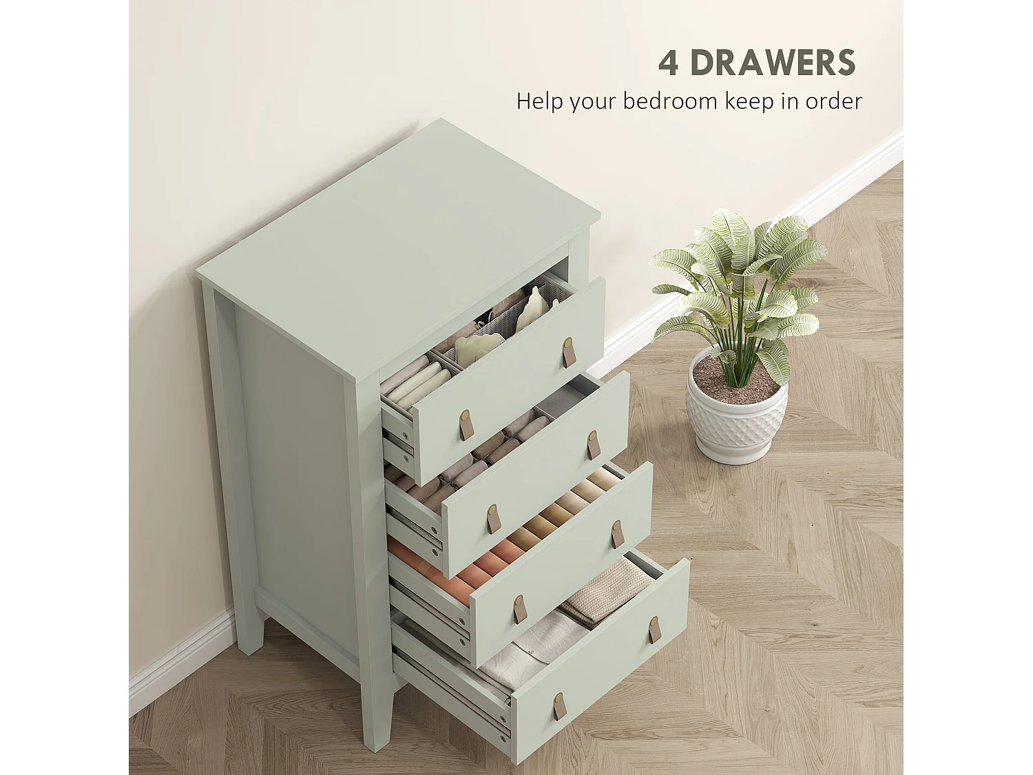 Viri Green 4 Drawer Modern Chest with Faux Leather Handles 60 x 40 x 98cm