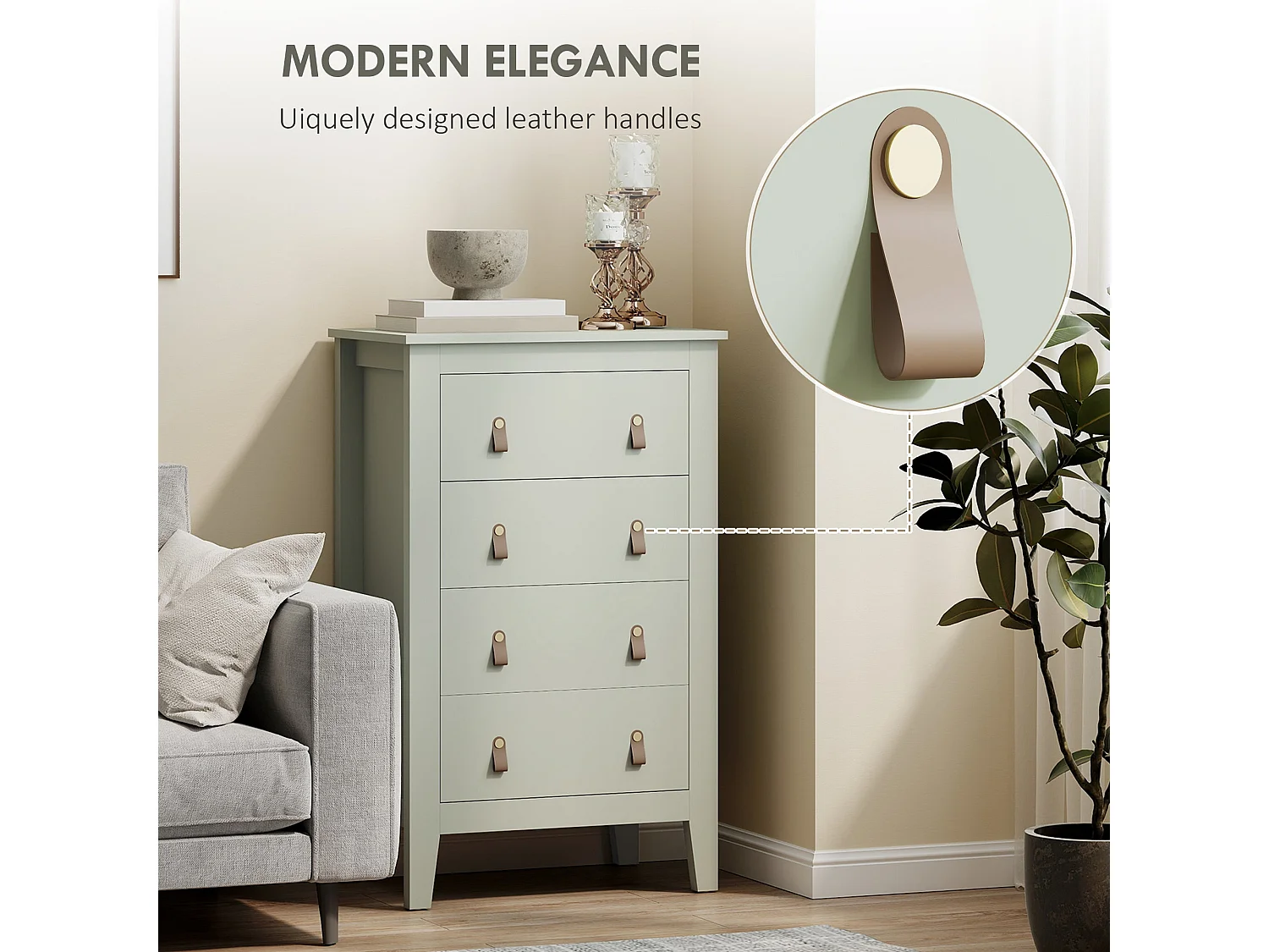 Viri Green 4 Drawer Modern Chest with Faux Leather Handles 60 x 40 x 98cm