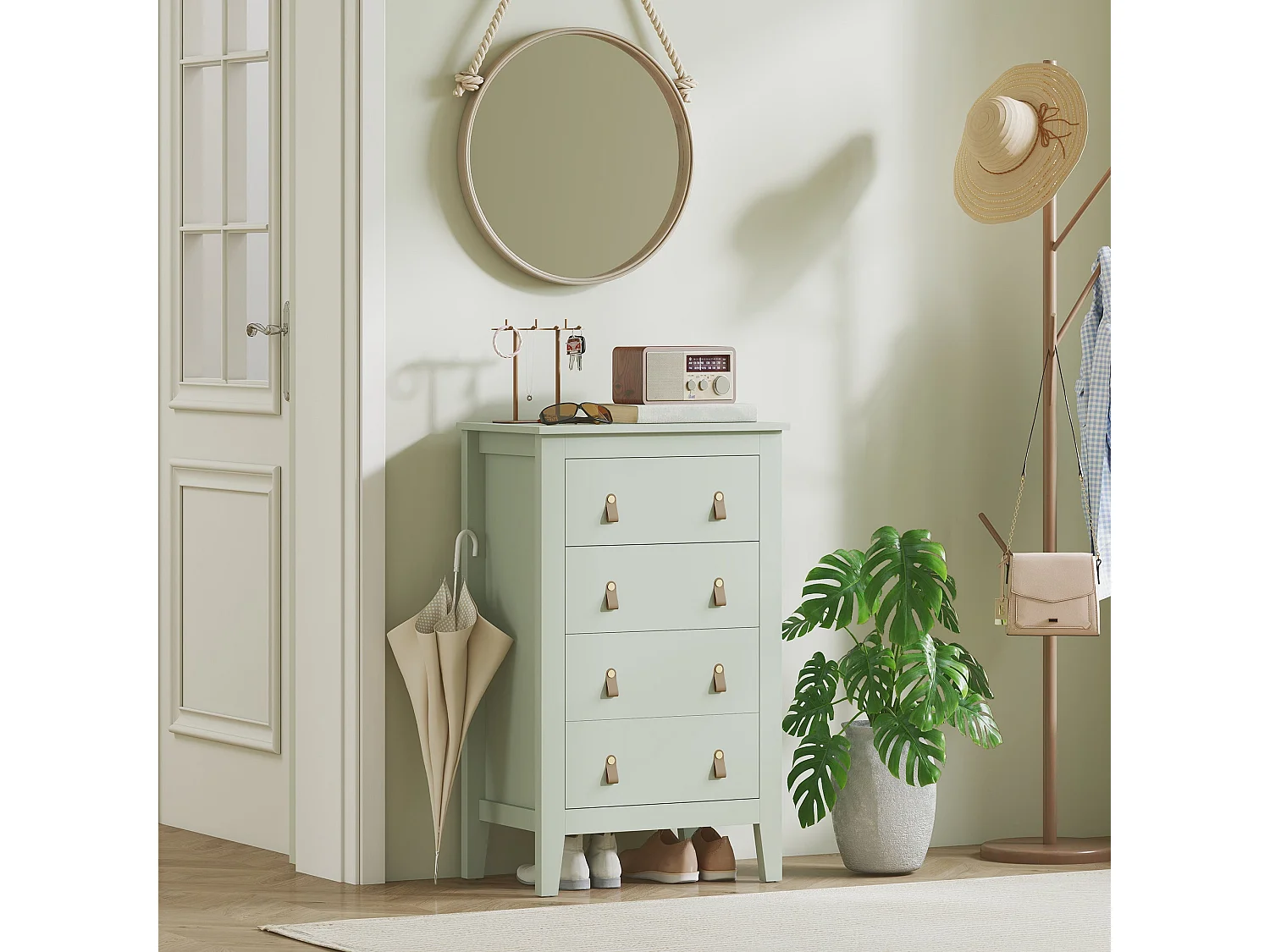 Viri Green 4 Drawer Modern Chest with Faux Leather Handles 60 x 40 x 98cm