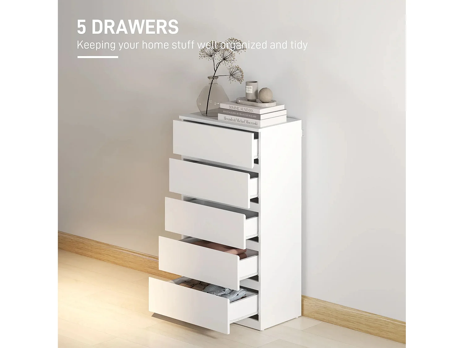 Staki 5 Drawer White Particleboard Chest Modern Handleless Storage