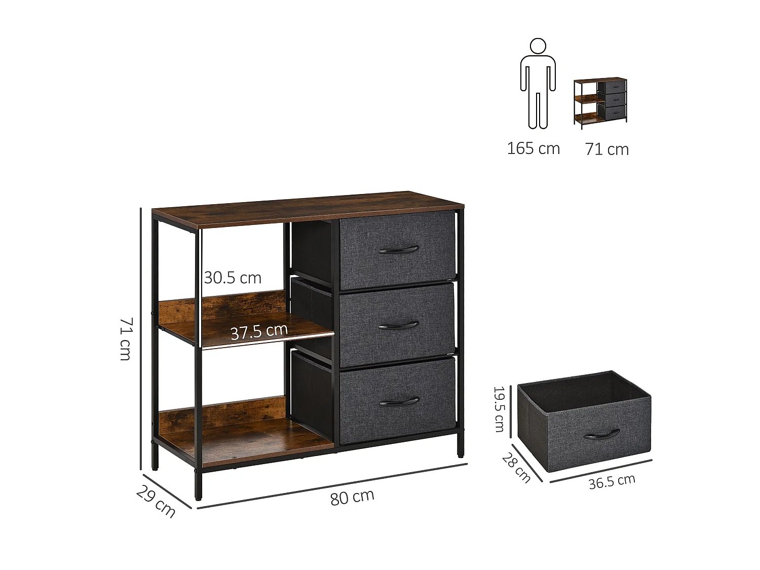 Disabapa Black Fabric and Wood Storage Chest 3 Drawers 2 Display Shelves