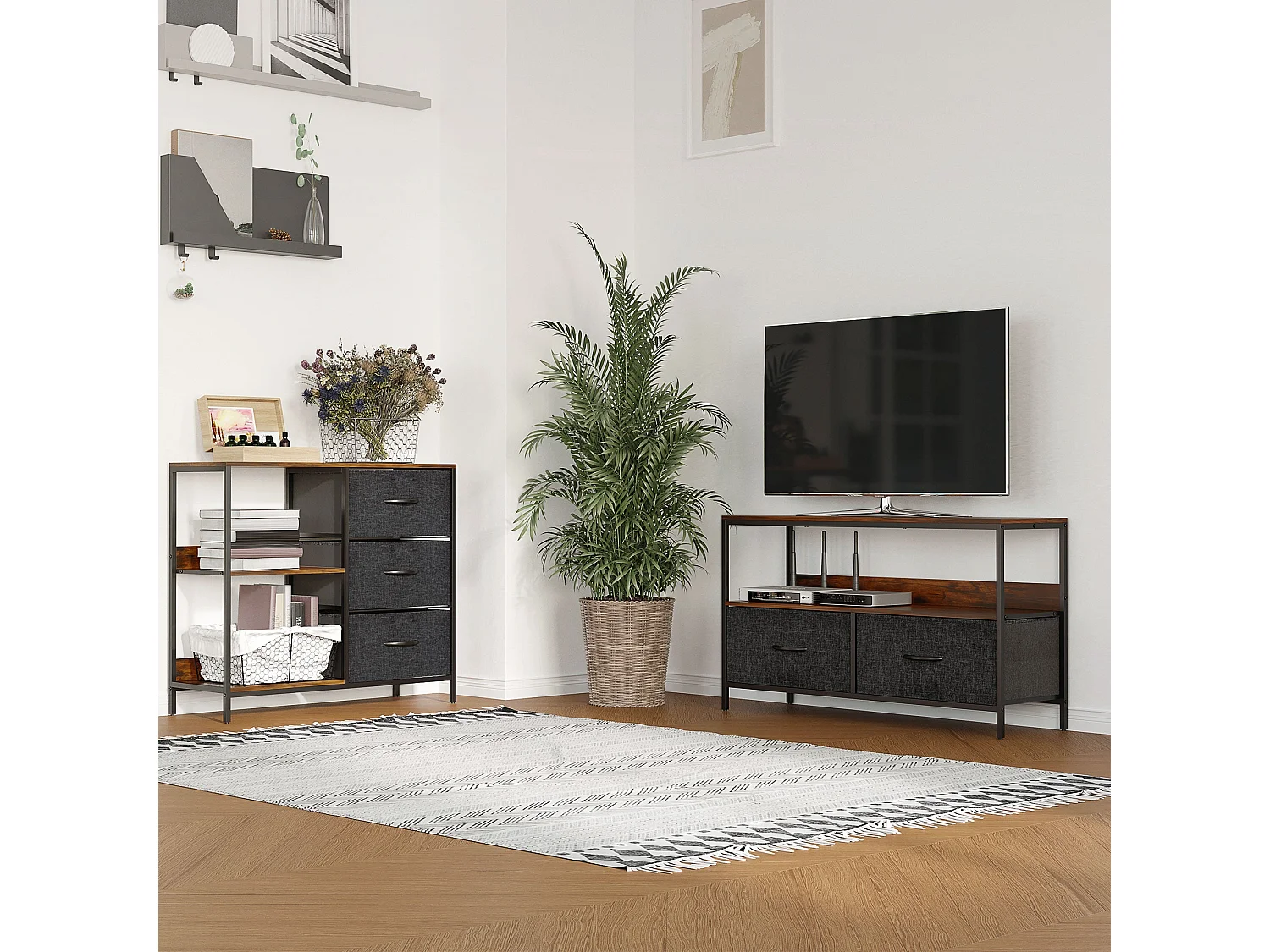 Disabapa Black Fabric and Wood Storage Chest 3 Drawers 2 Display Shelves