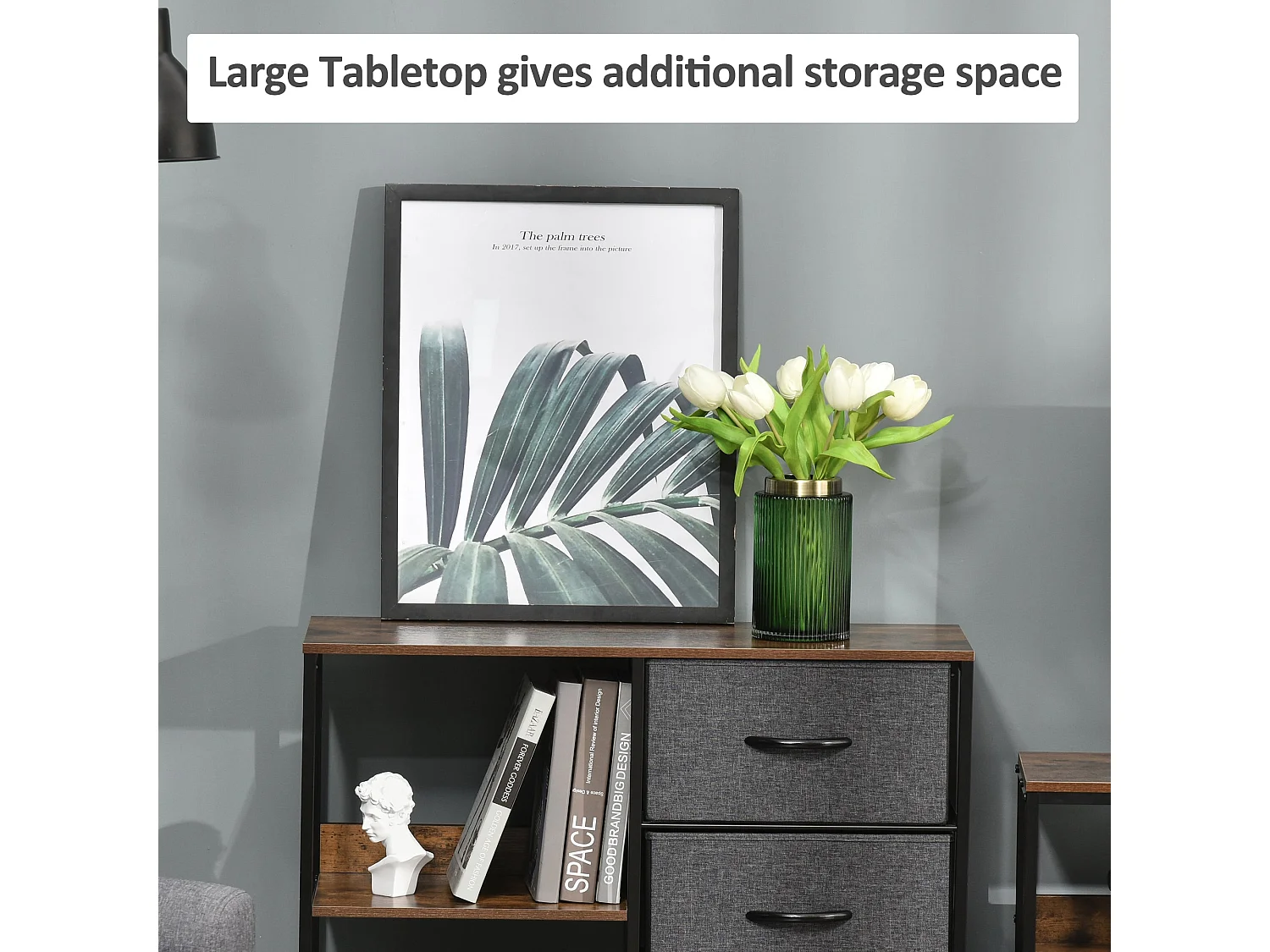 Disabapa Black Fabric and Wood Storage Chest 3 Drawers 2 Display Shelves