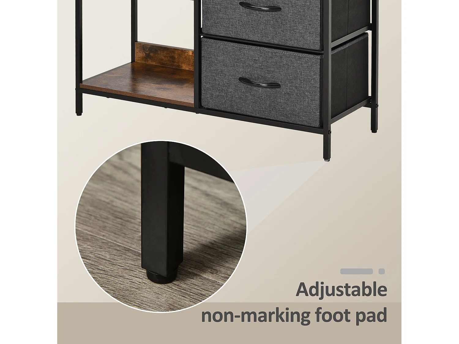 Disabapa Black Fabric and Wood Storage Chest 3 Drawers 2 Display Shelves
