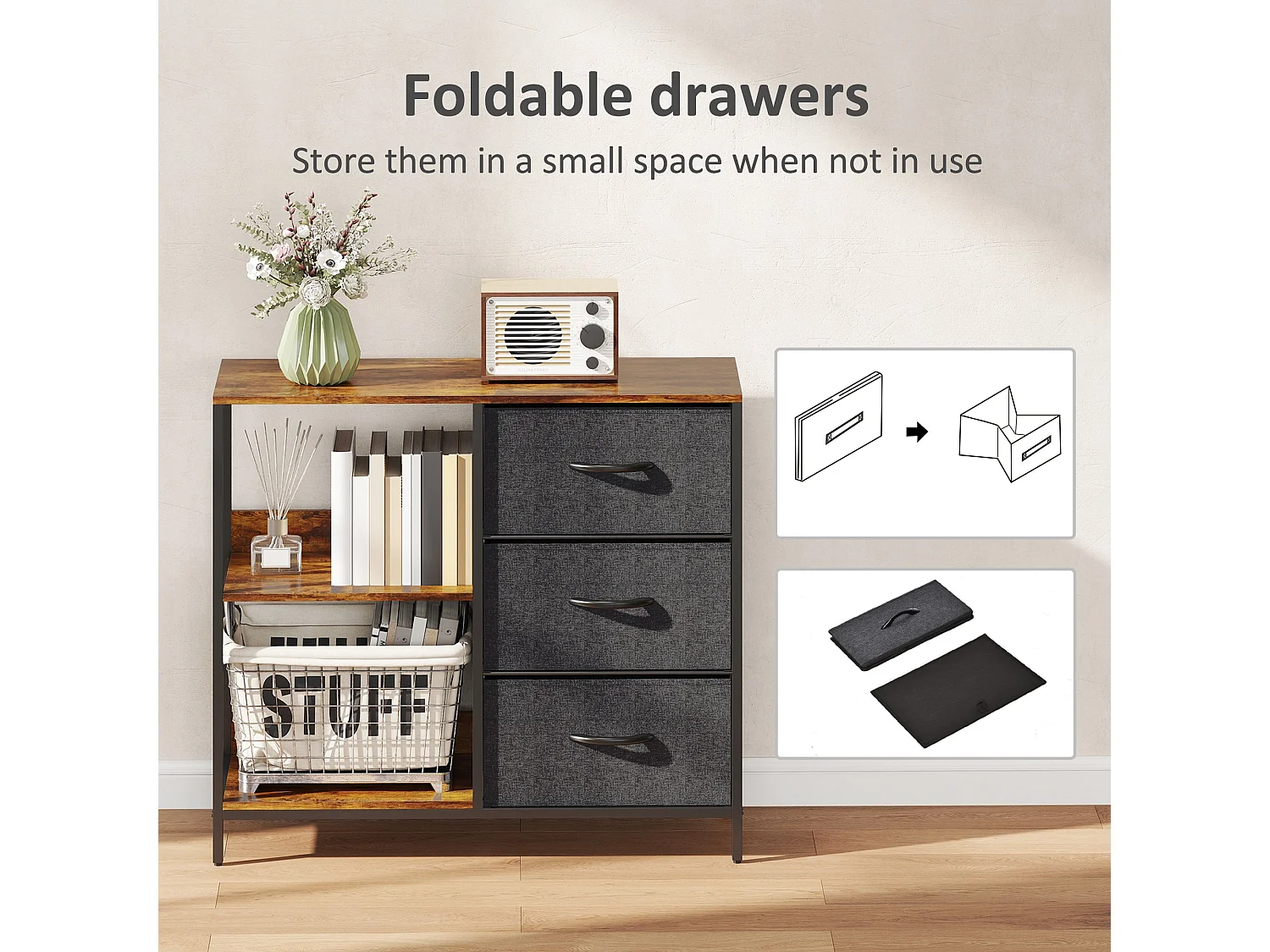 Disabapa Black Fabric and Wood Storage Chest 3 Drawers 2 Display Shelves
