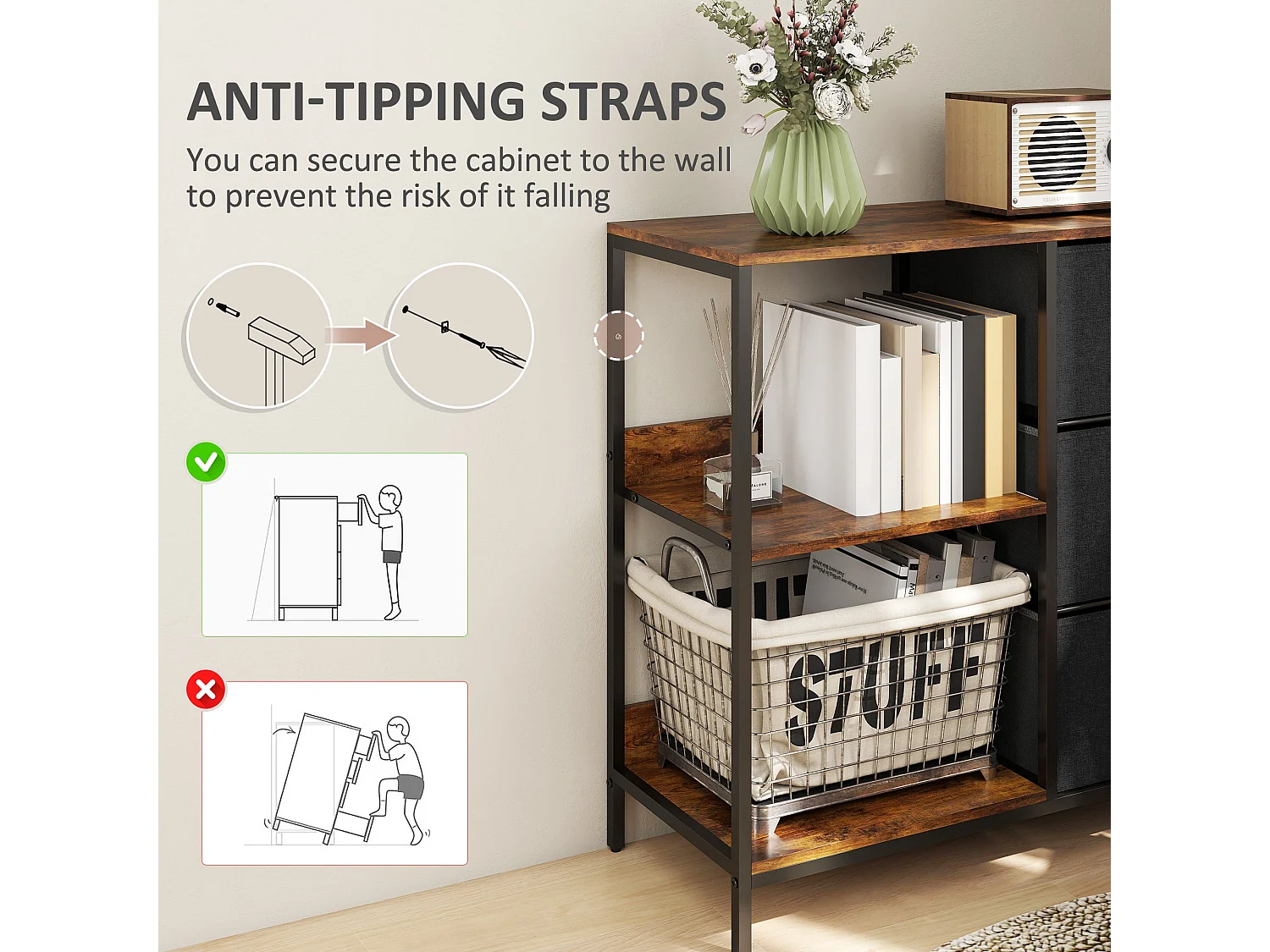 Disabapa Black Fabric and Wood Storage Chest 3 Drawers 2 Display Shelves