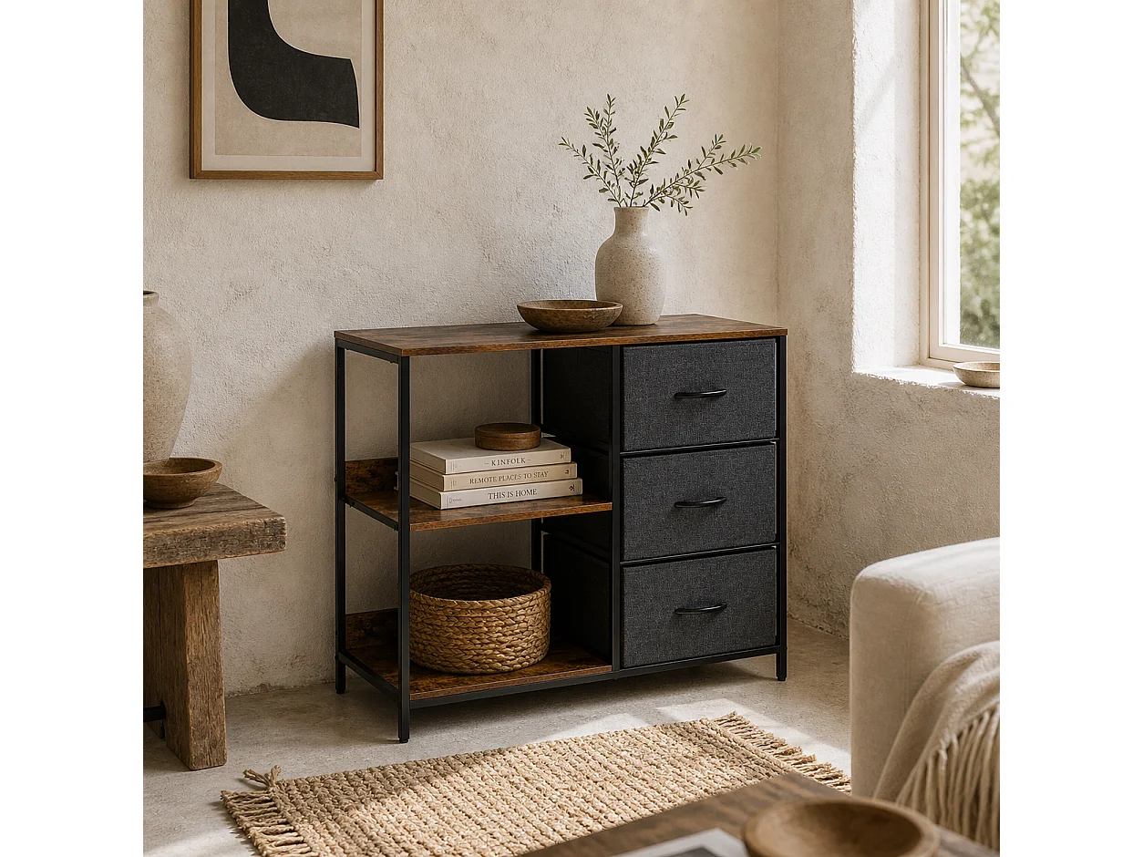 Disabapa Black Fabric and Wood Storage Chest 3 Drawers 2 Display Shelves