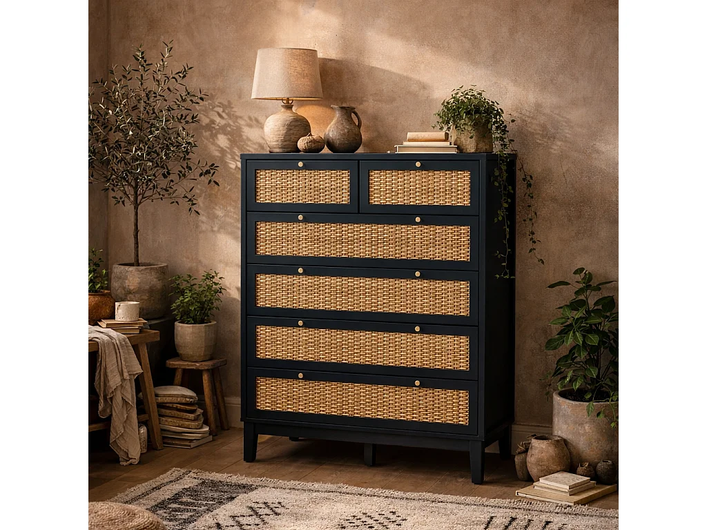 Waterford Blue Oak and Woven Rattan 6 Drawer Chest