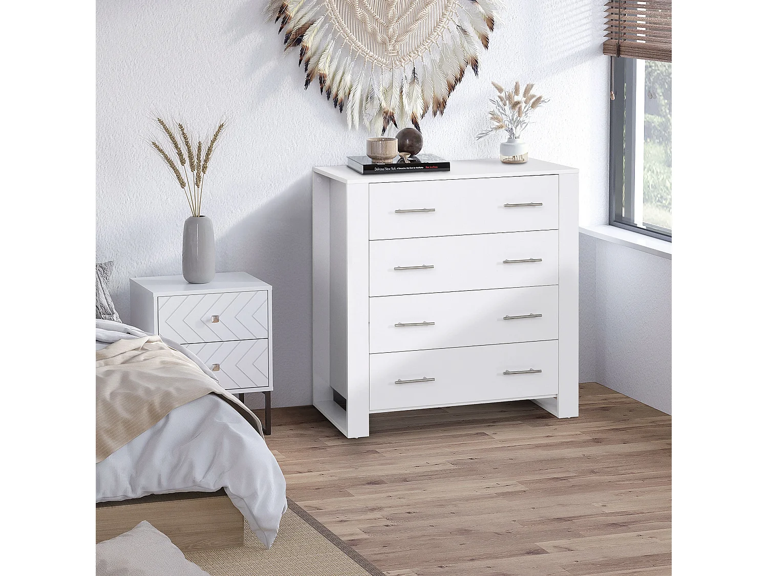 Moyota 4 Drawer White Storage Chest with Silver Metal Handles