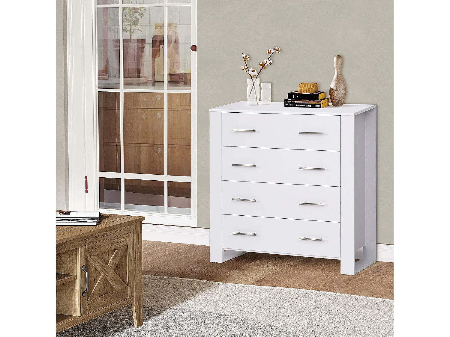 Moyota 4 Drawer White Storage Chest with Silver Metal Handles