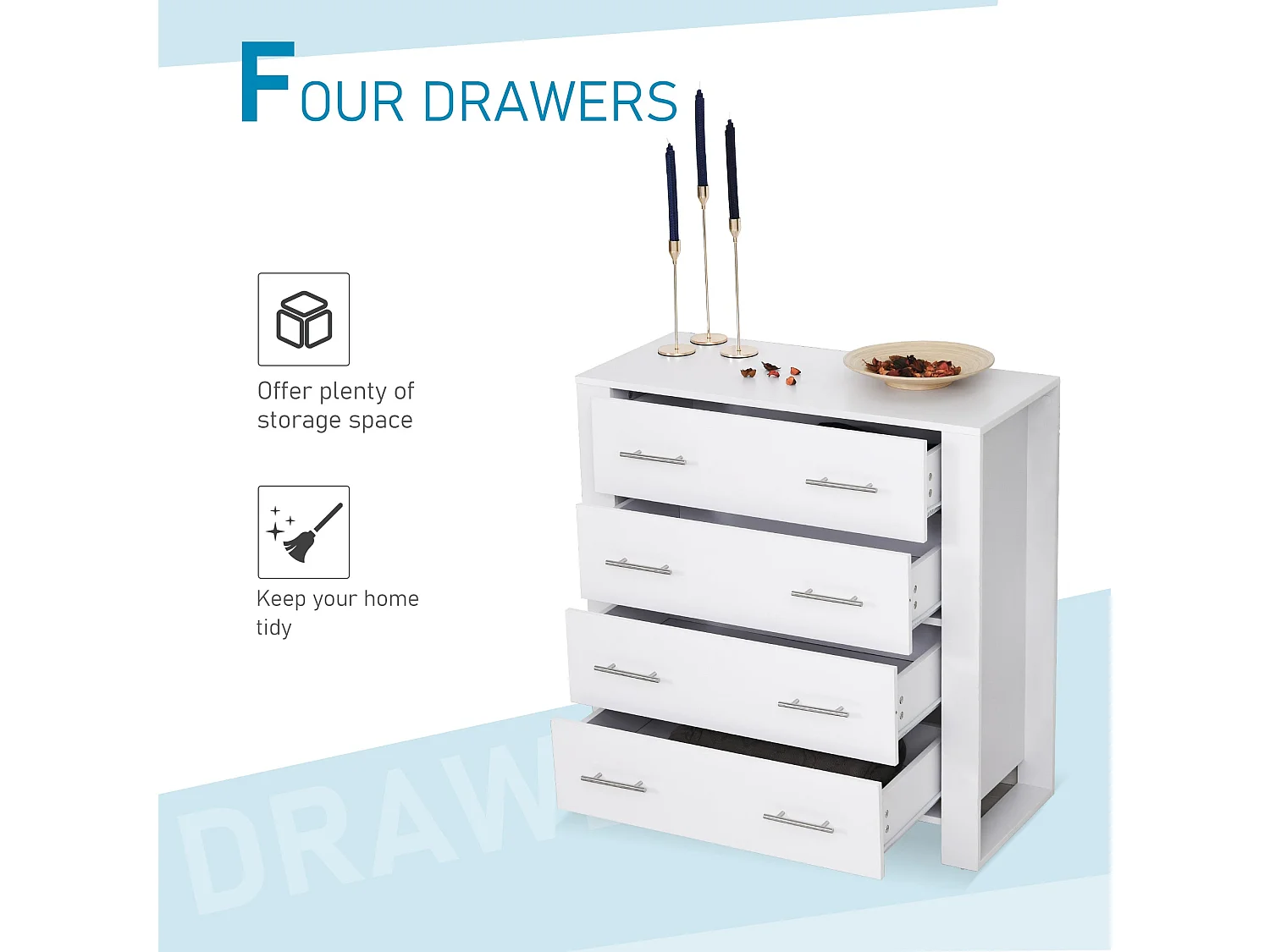 Moyota 4 Drawer White Storage Chest with Silver Metal Handles