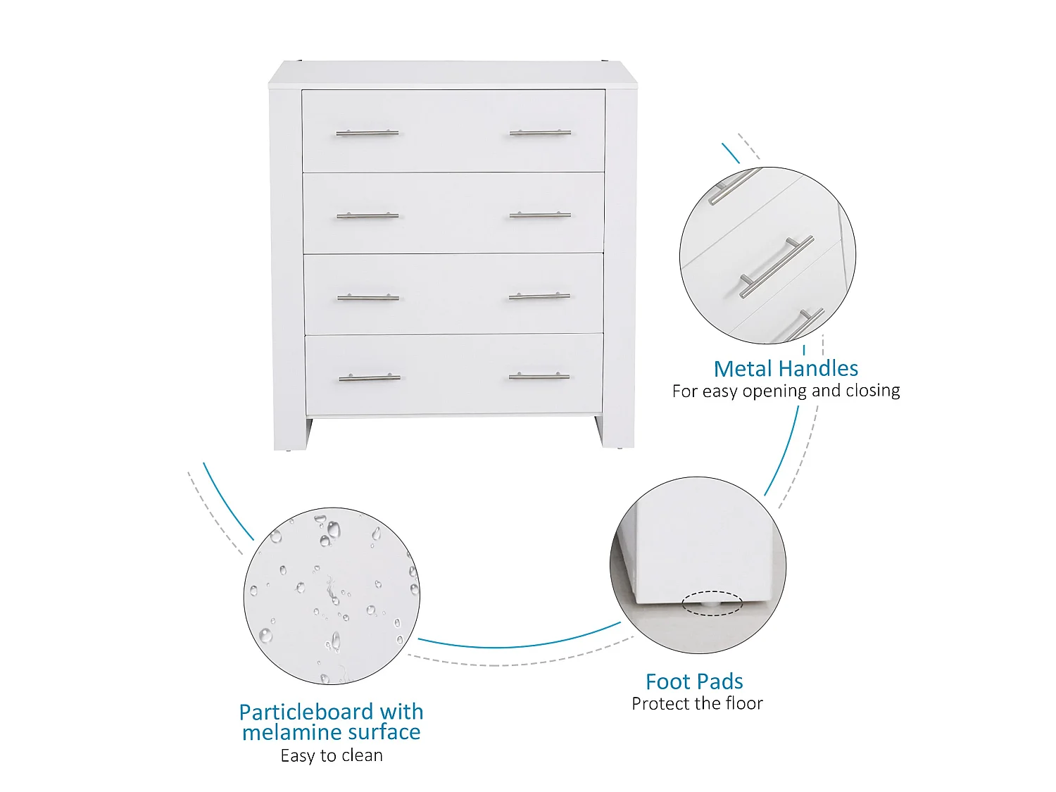 Moyota 4 Drawer White Storage Chest with Silver Metal Handles