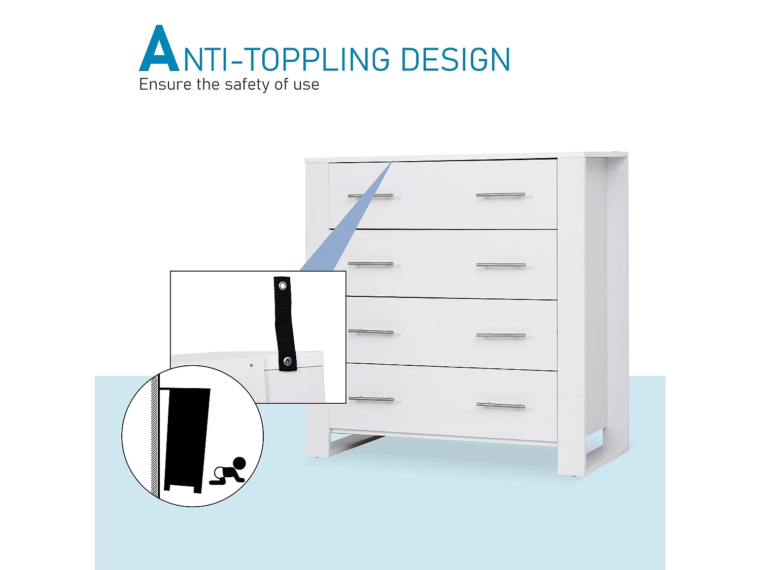 Moyota 4 Drawer White Storage Chest with Silver Metal Handles