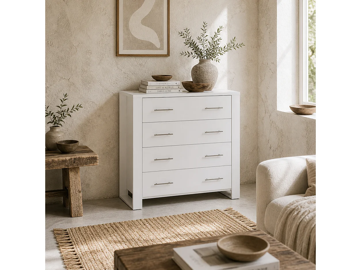 Moyota 4 Drawer White Storage Chest with Silver Metal Handles