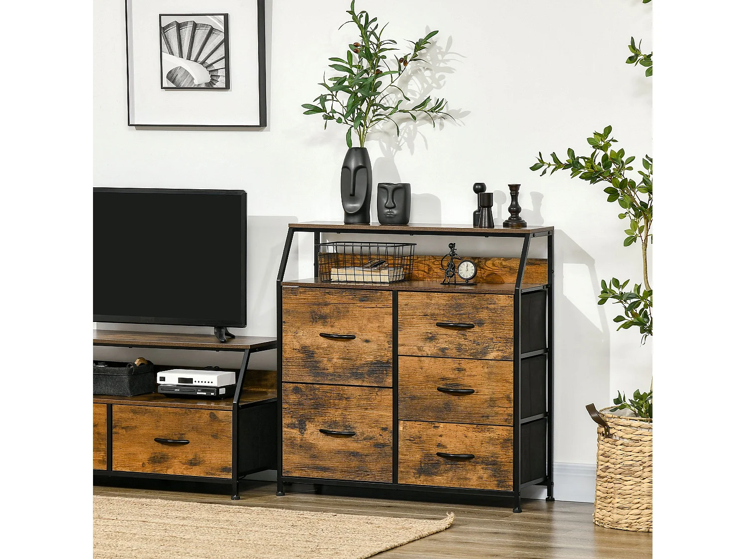 Rasozi Industrial 5 Drawer Metal and Fabric Storage Chest with Shelf