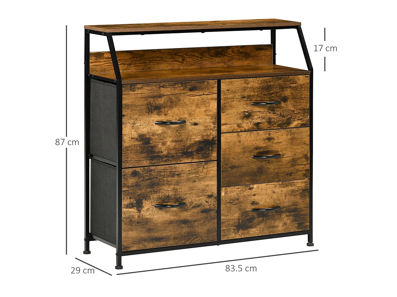Rasozi Industrial 5 Drawer Metal and Fabric Storage Chest with Shelf