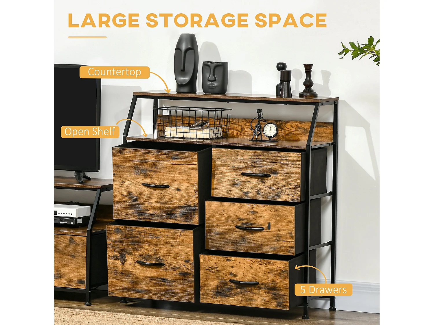 Rasozi Industrial 5 Drawer Metal and Fabric Storage Chest with Shelf