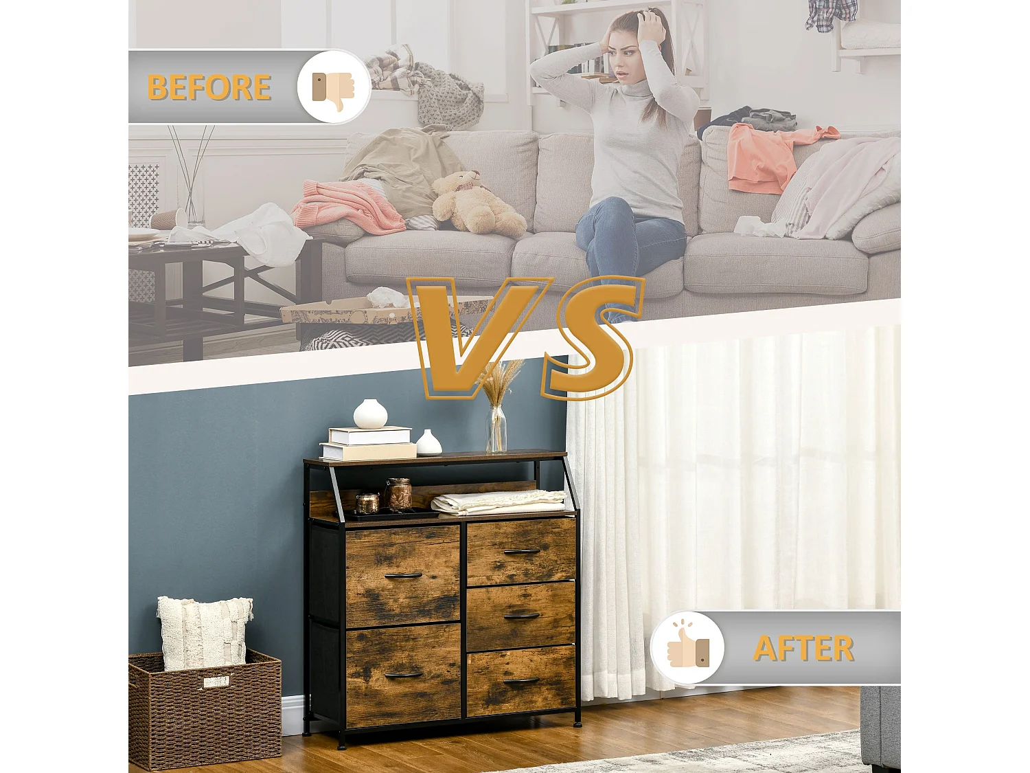 Rasozi Industrial 5 Drawer Metal and Fabric Storage Chest with Shelf