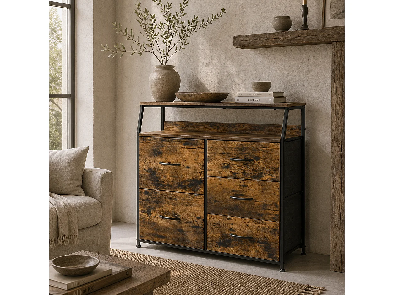 Rasozi Industrial 5 Drawer Metal and Fabric Storage Chest with Shelf