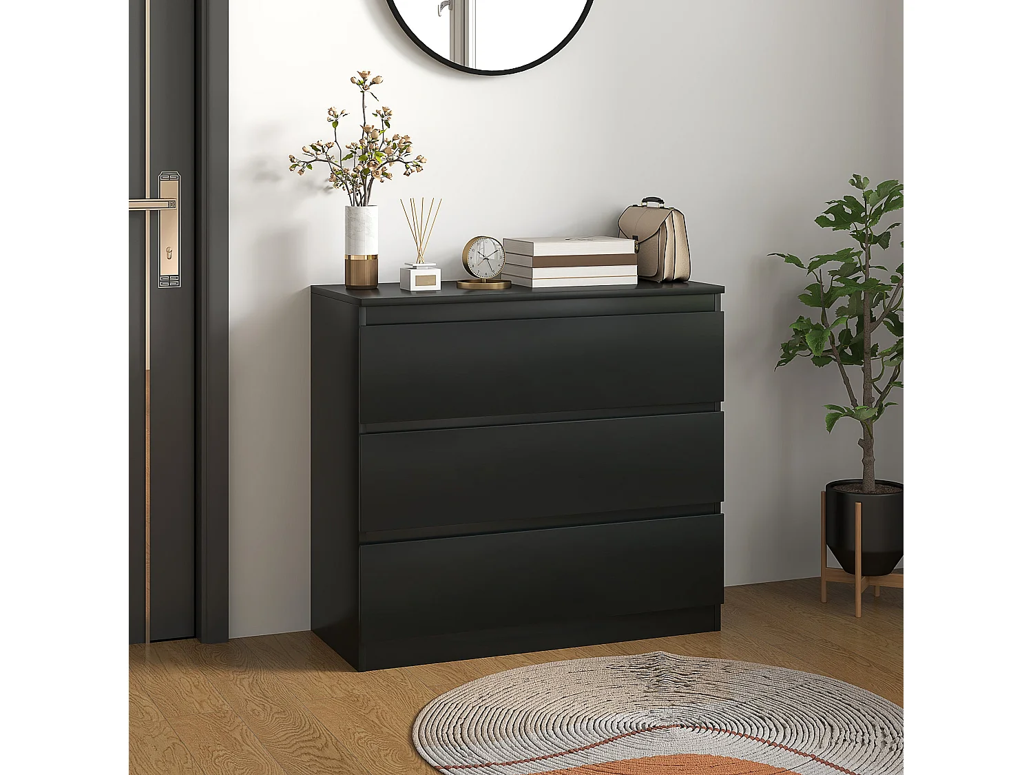 Rakami 3 Drawer Black Wooden Storage Chest