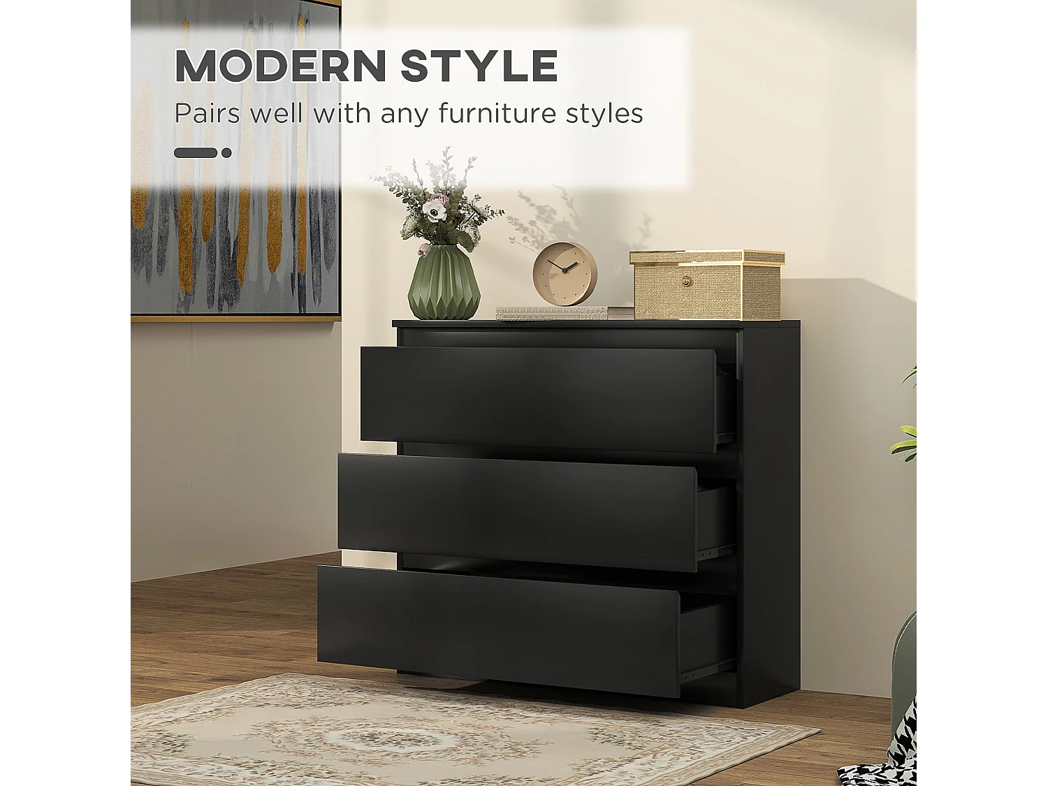 Rakami 3 Drawer Black Wooden Storage Chest
