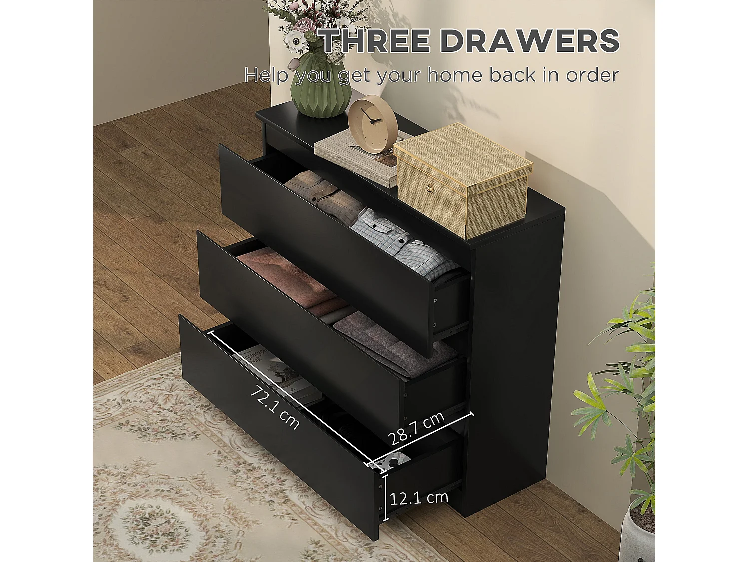 Rakami 3 Drawer Black Wooden Storage Chest