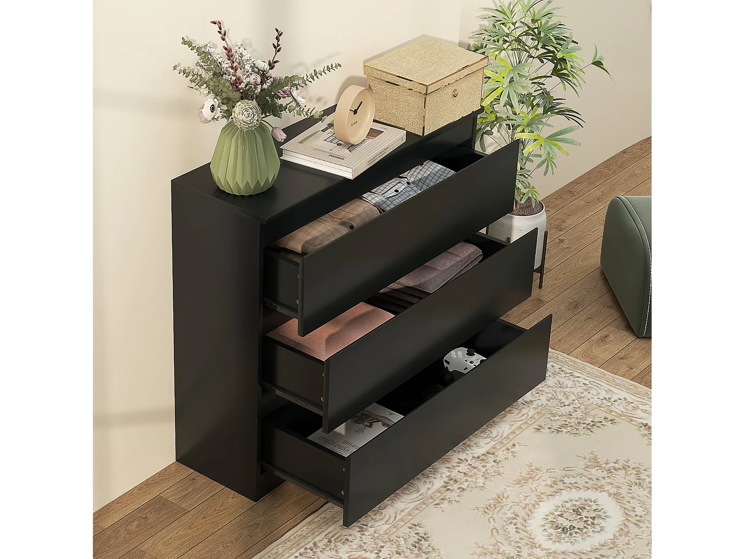 Rakami 3 Drawer Black Wooden Storage Chest