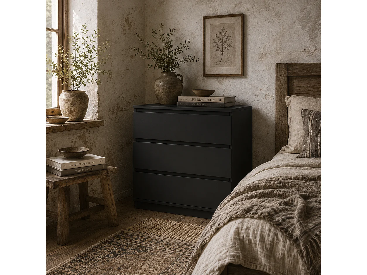 Rakami 3 Drawer Black Wooden Storage Chest