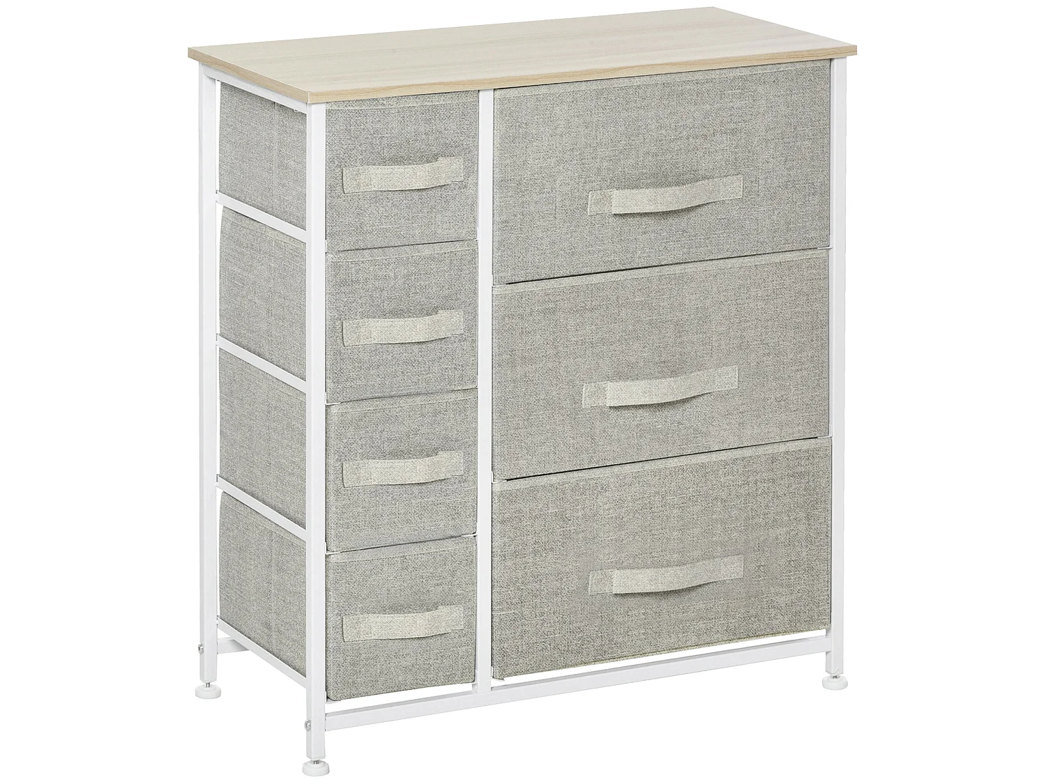Lireta 7 Drawer Storage Chest White Metal Light Grey Fabric Oak Top