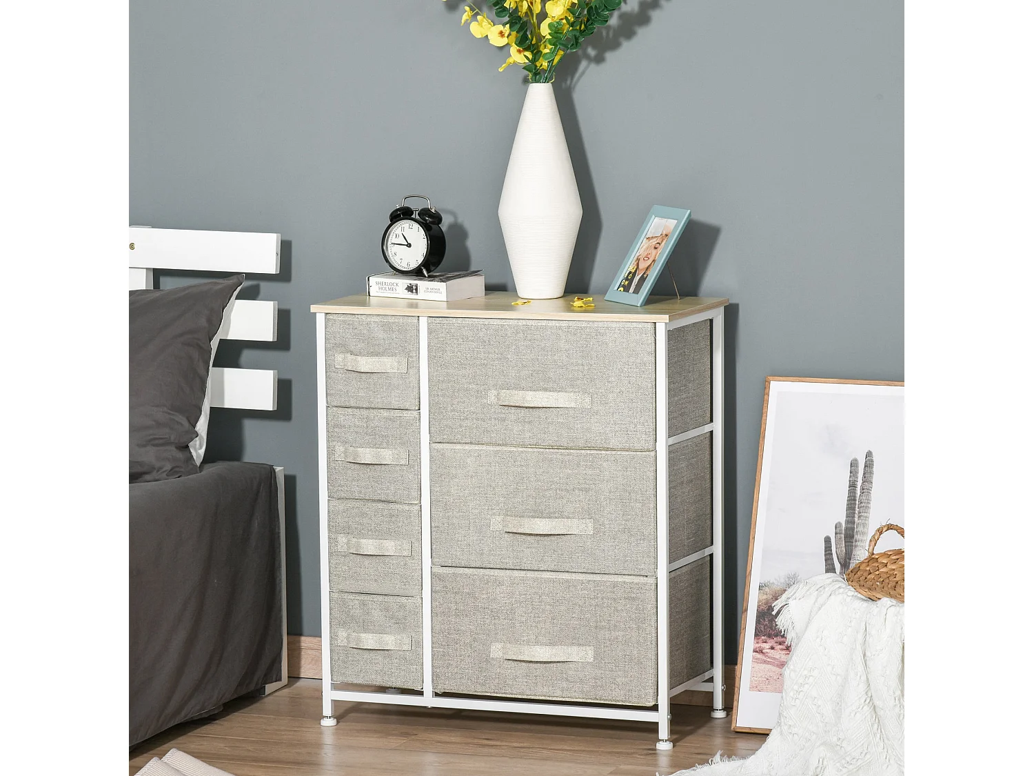 Lireta 7 Drawer Storage Chest White Metal Light Grey Fabric Oak Top