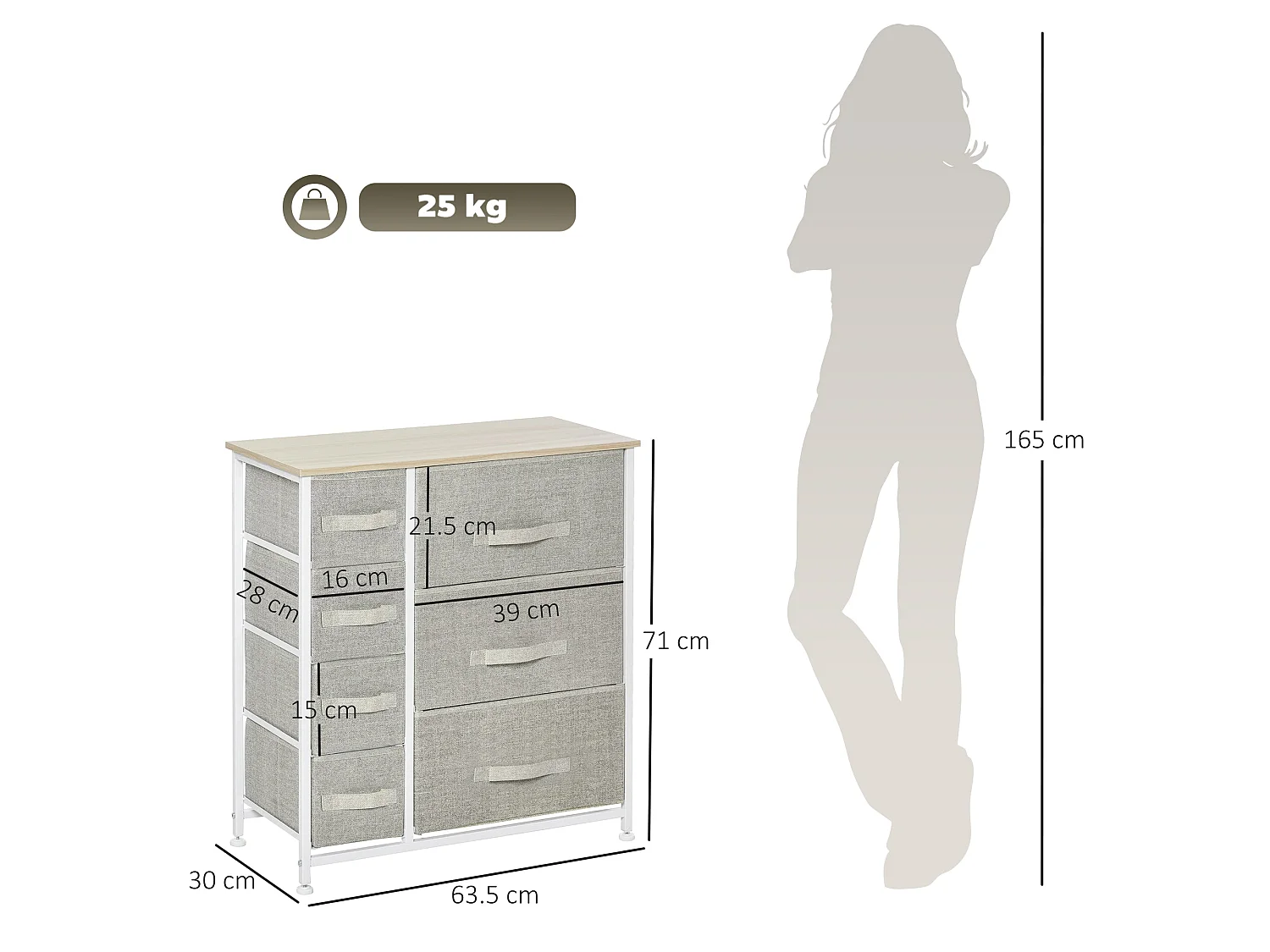 Lireta 7 Drawer Storage Chest White Metal Light Grey Fabric Oak Top