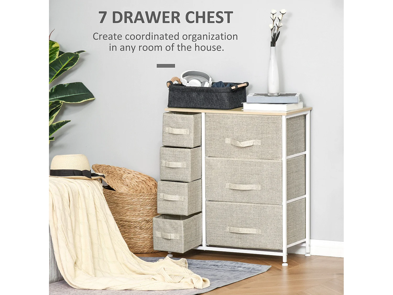 Lireta 7 Drawer Storage Chest White Metal Light Grey Fabric Oak Top